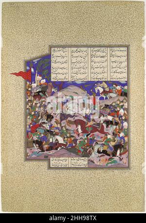 'Bahram récupère la couronne de Rivniz', Folio 245r du Shahnama (Livre des Rois) d'Abu'l Qasim Firdausi, commandé par Shah Tahmasp ca.1525–30 Abu'l Qasim Firdausi comme la bataille de Pashan continue, les Iraniens commencent à prendre le contrôle, mais le prince Rivniz, l'un des fils de Kai Kavus, est tué, et sa couronne tombe sur le sol du champ de bataille.Tant les Iraniens que les Turaniens se concentrent sur la récupération de la couronne jusqu'à ce que Bahram, fils de Gudarz, se précipite dans la mêlée et ramasse la couronne avec la pointe de sa lance.Bien que les deux camps souffrent de nombreuses pertes, les Turaniens fini Banque D'Images