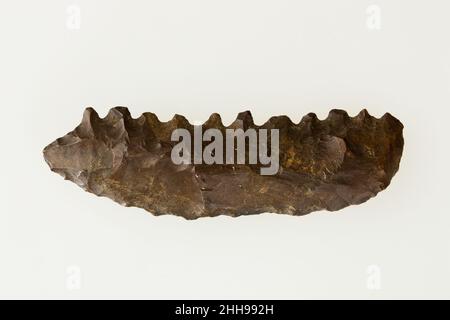 Insert de faucille biracial ca.6900–3100 C.-B. période néolithique–prédynastique ce petit morceau de silex est un élément clé du succès de la saison agricole dans l'Égypte ancienne.Le grain était un élément essentiel de l'économie, car le pain et la bière faits à partir de céréales étaient consommés quotidiennement.Ils ont également formé le fondement de la subsistance éternelle, comme offrandes funéraires.Les anciens Égyptiens utilisaient des faucilles faites de silex et de bois pour récolter le grain.Des morceaux de silex tels que celui-ci ont été formés pour s'adapter à une haft en bois avec un certain nombre d'autres tels inserts, et fixés avec un adhésif.Les pièces de silex ont fourni un bord tranchant pour couper Banque D'Images