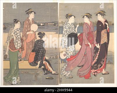 Profitez de la soirée sur les rives de la rivière Sumida CA.1784 Torii Kiyonaga Japanese Une femme mariée assise dans un kimono noir, une jeune femme tenant un ventilateur et une femme de ménage en tablier avec soucoupe dans sa main observez deux courtesans marcher, main dans la main.Une maîtresse d'une maison de thé dans un bleu et blanc yukata d'été les accompagne.En raison de son état et de ses couleurs fines, les érudits japonais jugent notre diptych pour être la plus belle version existante dans le monde.Profitez de la soirée sur les rives de la rivière Sumida.Torii Kiyonaga (japonais, 1752–1815).Japon, ca.1784. Impression de blocs de bois ; encre et Banque D'Images