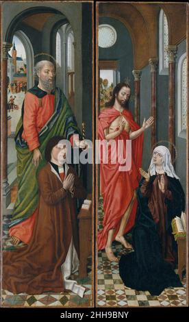 Saint Paul avec Paolo Pagagnotti; Christ apparaissant à sa mère fin 1480s Maître de la Saint Ursula Légende Netherlandish Un contemporain de Memling, le Maître de la Légende de Saint Ursula semble avoir dirigé un atelier actif à Bruges.Ces peintures étaient à l'origine flanquées d'une Vierge à l'enfant dans un triptyque pliant commandé par le marchand florentin Paolo Pagagnotti.Dans le panneau de gauche, le donneur est représenté avec son Saint patron, Paul, dont le décapant est montré à travers une arche ouverte sur une place de la ville.Dans le panneau de droite, Marie et Marie Magdalenen sont vues au loin, à l'approche de l'its Banque D'Images