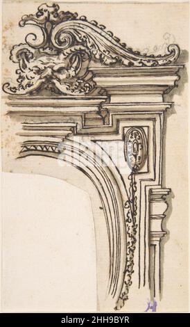 Fragment de Frame Design (Recto); esquisse de la tête d'un homme en profil (Verso) 17th–18th Century Anonyme, Italien, 17th ou 18th Century Italien.Fragment de Frame Design (Recto) ; esquisse d'une tête d'homme dans le profil (Verso).Anonyme, italien, 17th ou 18th siècle.17th–18th siècle.Stylo et encre brune, pinceau et lavage brun, sur-dessin graphite (recto) ; graphite (verso) Banque D'Images