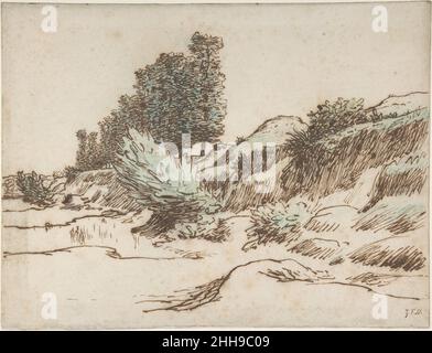 Paysage, Vichy ca.1866–67 Jean-François Millet Français.Paysage, Vichy.Jean-François Millet (français, Gruchy 1814–1875 Barbizon). Env.1866–67.Stylo et encre marron sur graphite.Craie bleue, noire et verte sur papier ponté (filigrane : bouquet de raisins).Mises en plan Banque D'Images