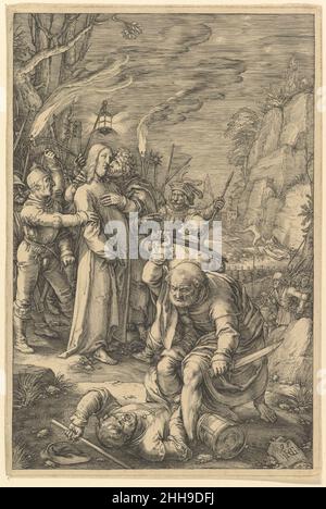 La trahison du Christ, de la passion du Christ 1598 Hendrick Goltzius Netherlandish entre 1596 et 1598 Goltzius a gravé cette série de douze reproductions illustrant la passion du Christ.Ils reflètent l'influence de l'artiste néerlandais Lucas van Leyden, tant dans les types de figures que dans la technique de gravure réelle.Contrairement à son style graphique normal, caractérisé par une ligne dramatique qui gonfle et forme des couches autour des figures et de l'arrière-plan, Goltzius utilise ici des lignes fines et paires croisées avec de longues lignes à hachurer droites que l'on trouve généralement dans les imprimés de Lucas.Dans Norther Banque D'Images