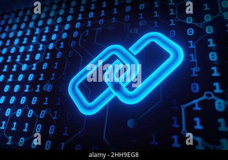 Icône Chain Link sur arrière-plan binaire du circuit numérique bleu abstrait.Concept de symbole de chaîne d'hyperlien.3d illustration Banque D'Images