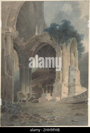 Abbaye de Rievaulx, Yorkshire 1803 John Sell Cotman britannique l'un des plus importants aquarelistes de Grande-Bretagne, Cotman a remodelé le milieu au fur et à mesure qu'il a étendu son potentiel esthétique et expressif.Né à Norwich, au nord-est de Londres, Cotman a déménagé dans la capitale entre 1798 et 1806, voyageant et esquissant en été.Cette image sombre de l'abbaye gothique de Rievaulx se rapporte à une visite du Yorkshire en 1803.À l’époque de Cotman, les ruines de Rievaulx, l’une des institutions catholiques dissoutes par Henry VIII lorsqu’il s’est brisé de Rome en 1534, abritaient des bovins et, pour l’artiste, évocalisaient la transition de hu Banque D'Images