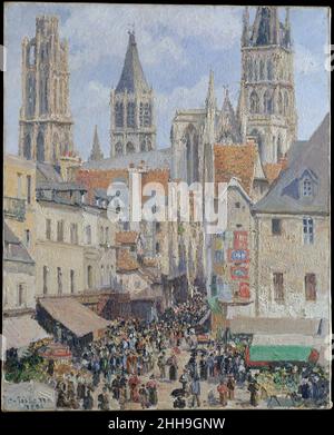 Rue de l'Epicerie, Rouen (effet de la lumière du soleil) 1898 Camille Pissarro Français au moment de la quatrième visite de Pissarro à Rouen en 1898, il était « déjà familier avec les motifs là-bas ».L'artiste dépeint plusieurs des mêmes Cityscapes qu'il avait déjà affrontés, mais a également fait découvrir de nouvelles scènes, comme celle-ci.Le 19 août, il écrivit à son fils Lucien: "Hier, j'ai trouvé un excellent endroit où je peux peindre la rue de l'Epicerie et même le marché, un endroit vraiment intéressant, qui a lieu tous les vendredis."Pissarro a peint la vue trois fois, mais la photo du Metropolitan est la seule Banque D'Images