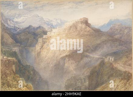 Le fort de l’Esseillon, Val de la Maurienne, France 1835–36 Joseph Mallord William Turner British Walter C. Baker, un collectionneur de dessins important qui a servi de vice-président du met, a fait don de cette aquarelle Turner au Musée.Nous regardons vers le sud-ouest le long de la gorge de la rivière Arc vers le fort de l’Esseillon, une construction étagée sur une pente à mi-chemin, avec des sommets enneigés au-delà.Le complexe a été construit entre 1819 et 1836 pour assurer la protection du col du Mont-Cenis en Italie après que la France ait cédé la Savoie au Piémont.Turner a probablement emprunté les détails de la composition d'une illustration gravée Banque D'Images