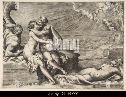 L'amour de Jupiter pour Juno a ravivé quand elle a mis sur la ceinture de Vénus 1546 Giulio Bonasone Italien.L'amour de Jupiter pour Juno s'est rallumé lorsqu'elle a mis sur la ceinture de Vénus 392625 Banque D'Images