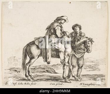 Assiette 6: Un paysan à cheval en profil face à la droite, tenant un panier et parlant à un autre homme debout derrière le cheval, de 'Diversi capricci' ca.1644–47 Stefano della Bella Italien.Assiette 6: Un paysan à cheval en profil face à droite, tenant un panier et parlant à un autre homme debout derrière le cheval, de 'DIVIDIS capricci' 376297 Banque D'Images