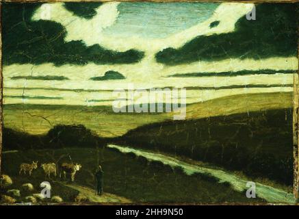 Paysage 1897–98 (?)Albert Pinkham Ryder américain ce paysage est étonnamment moderne dans ses détails simplifiés, ses formes aplaties et sa composition à motifs.Un berger et des animaux du genre de ceux qui avaient paru dans les peintures de Ryder, sous l'influence de Barbizon, sont ici submergés par les éléments stylisés du cadre :un ruisseau se précipitant le long d'une diagonale rigide, des collines sinueuses remplissant le sol central, et des nuages qui s'élève dans des bandes contrastées et qui ont abouti à des formes ondulantes bleu profond, soulignées dans la lumière.Des œuvres comme celle-ci ont incité le peintre d'avant-garde Marsden Hartley, né trente ans a Banque D'Images