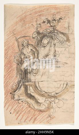 Conception d'un monument sépulchral avec une allégorie de temps; verso: Croquis architectural et fragment d'une lettre fin 17th–début 18th siècle Pieter Verbruggen le plus jeune flamand.Conception d'un monument sépulchral avec une allégorie du temps; verso: Croquis architectural et fragment d'une lettre.Pieter Verbruggen le plus jeune (flamand, Anvers 1648–1691 Anvers) fin 17th–début 18th siècle.Stylo et encre brune, craie rouge, sur craie noire ou graphite, lavage brun; verso: Craie rouge.Mises en plan Banque D'Images