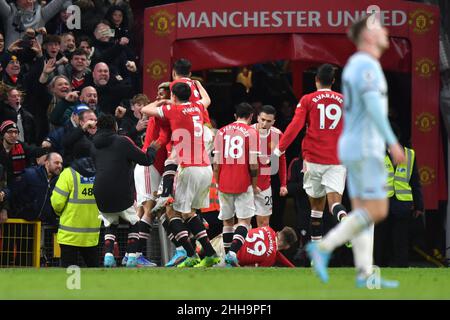 Manchester, Royaume-Uni.22nd janvier 2022.Marcus Rashford, de Manchester United, célèbre le premier but de sa partie lors du match de la Premier League à Old Trafford, Manchester, Royaume-Uni.Date de la photo: Samedi 22 janvier 2022.Crédit photo devrait se lire: Anthony Devlin crédit: Anthony Devlin/Alamy Live News Banque D'Images