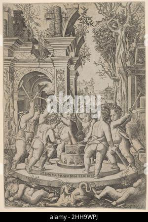 Le sort d'une langue mal; sept putti se tiennent autour d'une enclume sur laquelle ils marteau une langue, paysage et architecture derrière ca.1507 Nicoletto da Modène Italien.Le sort d'une langue mal; sept putti se tiennent autour d'une enclume sur laquelle ils martelent une langue, un paysage et une architecture derrière 400825 Banque D'Images