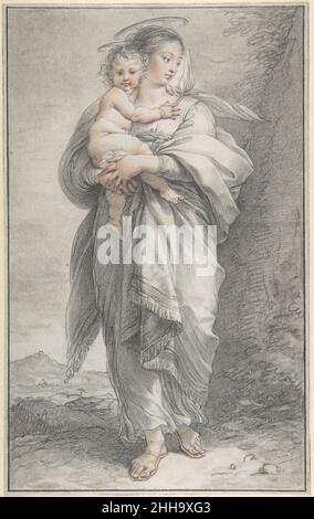 Vierge et enfant 1750–99 Giuseppe Cades Italien.Vierge et enfant.Giuseppe Cades (italien, Rome 1750–1799 Rome).1750–99.Craie noire et rouge, trébuchement partout.Mises en plan Banque D'Images