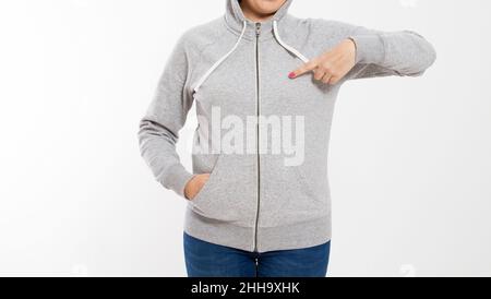 bonne femme pointue en pull-over gris à capuche mockup Banque D'Images