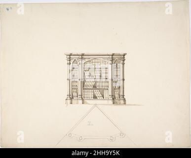 Design pour un style gothique Corner Book Cabinet: Élévation et plan début du 19th siècle Anonyme, Britannique, 19th siècle britannique.Conception d'une armoire de livre d'angle de style gothique : élévation et plan.Anonyme, britannique, 19th siècle. Début 19th siècle.Stylo et encre, pinceau et lavage Banque D'Images