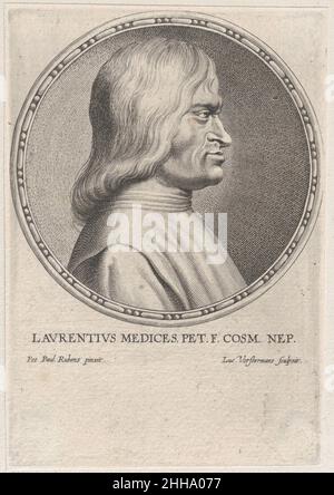 Portrait de Lorenzo de' Medici 1610–50 Lucas Vorsterman I Flamand Une composition circulaire.Après un dessin de Lorenzo de' Medici par Rubens dans l'Ossolineum, Wroc?aw, Pologne.Portrait de Lorenzo de' Medici.Lucas Vorsterman I (Flamand, Zaltbommel 1595–1675 Anvers).1610–50.Gravure ; état uniquement.Lorenzo de' Medici (italien, Florence 1449–1492 Florence).Imprime Banque D'Images