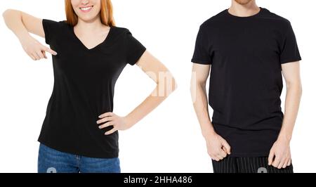T-shirt noir gros plan maquette - vue avant de l'homme et de la femme dans un polo noir vide Banque D'Images
