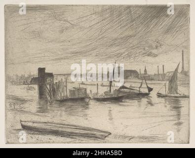 Tôt le matin, Battersea (Battersea Dawn) (Cadogan Pier) 1861 James McNeill Whistler American dans une scène près de ses nouveaux logements sur Lindsey Row à Chelsea, Whistler répond au calme de la Tamise à l'aube.Un barque à la pêche se trouve à l'avant-plan et de petits voiliers se regroupent autour d'un quai en bois au centre.Au-delà, un terminal de ferry en bois se trouve sur la jetée de Cadogan et le pont de Battersea s'étend sur la rivière.Drypoint a été combiné avec la gravure pour créer des effets doux évocateurs de l'eau brumeuse sous un ciel couvert.La probante imprimée a été réalisée en 1863, mais n'a été publiée qu'en 1871 dans A Banque D'Images