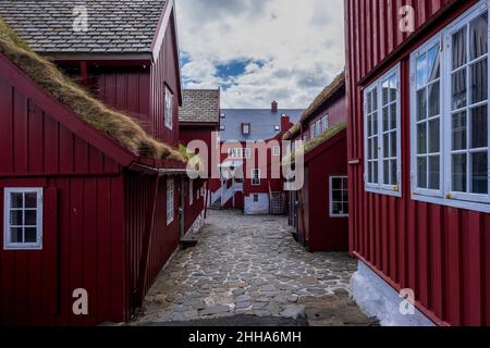 Ce village avec ses maisons rouges, ses fenêtres blanches, ses rooves en herbe et ses rues pavées pourrait sortir tout droit d'un conte de fées. Banque D'Images