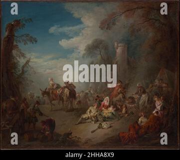 Troupes au repos ca.1725 Jean-Baptiste Joseph Pater French Pater peint des sujets mis au point par son professeur Watteau, y compris la tête galante et les troupes militaires que les deux artistes ont favorisés au début de leur carrière.La pièce de réception de Pater à l’Académie Royale en 1728 était la fabrication de errymaking des soldats.Comme Watteau, Pater connaissait probablement ces sujets de première main dans le sillage du succès militaire déclinant de Louis XIV.Plutôt que de dépeindre des combats triomphants ou héroïques, à la manière de peintres de combat, Pater s'est concentré sur les camps improvisés où les soldats dormaient, fumaient, buvaient et mangeaient en compagnie de wome Banque D'Images