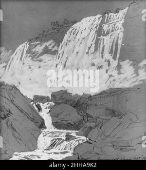 American Falls, Niagara, Californie1855 Jasper Francis Cropsey American ce dessin est une étude détaillée d'une partie des chutes américaines de Niagara--Luna Fall.Le point de vue de l’artiste est une perchaude qu’il a qualifiée de « Cropsey rock », située à la base de l’île Goat, qui se trouve au milieu de la rivière Niagara et divise le ruisseau en deux cascades distinctes : les chutes américaines et les chutes canadiennes en forme de croissant.S'adressant à ce qui était autrefois l'un des sujets les plus populaires dans l'art du paysage américain, Cropsey larges couches de gouache blanc brossé pour transmettre le hurlement Banque D'Images