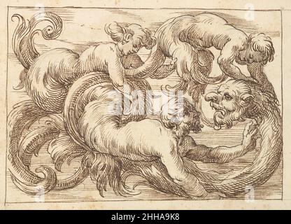 Panneau horizontal avec trois figures et une créature fantastique entrelalée entre Acanthus Rinteaux 17th siècle (première moitié) Anonyme, Italien, Venetian, Italien 17th siècle.Panneau horizontal avec trois figures et une créature fantastique entrelalée entre Acanthus Rinteaux 410882 Banque D'Images