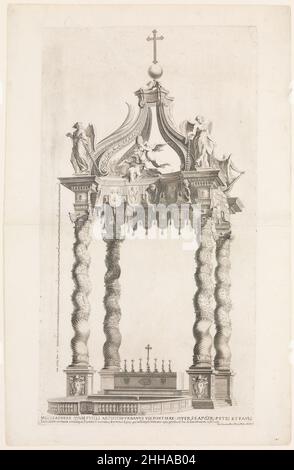 Vue isolée de Baldacchino de Bernini.Assiette 39 de l'album 'Basilica di S. Pietro in Vaticano' 1653–91 après Gian Lorenzo Bernini Italien vue isolée du Baldacchino conçu par Gian Lorenzo Bernini pour la basilique Saint-Pierre de Rome.La structure est montrée en perspective depuis la nef de la basilique.L'échelle de l'image sur l'impression est indiquée sur le côté gauche de l'impression.Vue isolée de Baldacchino de Bernini.Assiette 39 de l'album « Basilica di S. Pietro in Vaticano ».Après Gian Lorenzo Bernini (italien, Naples 1598–1680 Rome).1653–91.Gravure.Giovanni Giac Banque D'Images