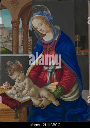 Madonna et l'enfant ca.1483–84 Filippino Lippi Italien la Madonna et l'enfant sont présentés dans un palais florentin contemporain.A travers la fenêtre se trouve une arcade avec l'appareil d'armes du riche banquier florentin Filippo Strozzi (trois cents).L'arrière-plan évoque la région autour de la villa Strozzi près de Florence.Un homme noir peut être vu sur un pont en arrachant des poissons et à l'extérieur d'une maison une femme noire effectue des tâches domestiques.Des personnes asservies d’Afrique subsaharienne ont commencé à arriver à Florence par le Portugal en 1460s, et des documents font état de la présence de personnes asservies dans la maison de Strozzi Banque D'Images