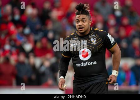 Limerick, Irlande.23rd janvier 2022.Paolo ODOGWU de Wasps lors de la Heineken Champions Cup, Round 4, Pool B match entre Munster Rugby et Wasps au parc Thomond de Limerick, Irlande, le 23 janvier 2022 (photo par Andrew SURMA/ Credit: SIPA USA/Alamy Live News Banque D'Images
