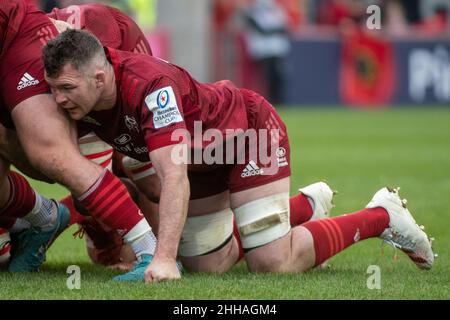 Limerick, Irlande.23rd janvier 2022.Peter O'MAHONY de Munster pendant la Heineken Champions Cup, Round 4, Pool B match entre Munster Rugby et Wasps au parc Thomond de Limerick, Irlande, le 23 janvier 2022 (photo par Andrew SURMA/ Credit: SIPA USA/Alay Live News Banque D'Images