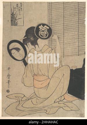 Takashima Ohisa utilisant deux miroirs pour observer sa coiffure ca.1795 Kitagawa Utamaro Japonais.Takashima Ohisa utilisant deux miroirs pour observer sa coiffure 36624 Banque D'Images