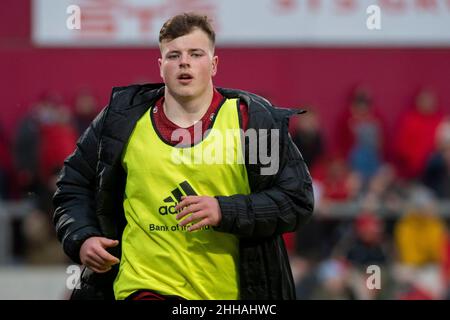 Limerick, Irlande.23rd janvier 2022.Josh WYCHERLEY de Munster lors de la Heineken Champions Cup, Round 4, Pool B match entre Munster Rugby et Wasps au parc Thomond de Limerick, Irlande, le 23 janvier 2022 (photo par Andrew SURMA/ Credit: SIPA USA/Alamy Live News Banque D'Images