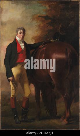 George Harley Drummond (1783–1855) ca.1808–9 Sir Henry Raeburn British, Scottish le sitter, vêtu de vêtements d'équitation, est George Harley Drummond de Stanmore, Middlesex et Drumtochty.Il s'est marié en 1801 et son fils George, montré dans les enfants Drummond (50.145.31), est né en 1802.La vue réduite du cheval de la baie de pâturage est la partie la plus complexe de la composition, mais pas la plus importante.Il est donc curieux que les quartiers arrière de l'animal soient si bien visibles.George Harley Drummond (1783–1855) 437355 Banque D'Images