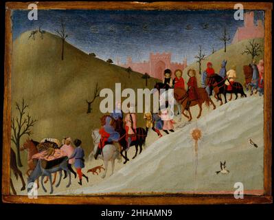 Le voyage du Magi ca.1433–35 Sassetta (Stefano di Giovanni) Italien cette scène, par le peintre principal de Sienne du XVe siècle, montre les trois magi qui se rendent à Bethléem pour adorer le Christ.C'est un fragment d'un petit retable montrant l'adoration des Mages.À l'origine, l'étoile a été montrée au-dessus du toit carrelé de l'écurie.Le chapeau revêtu de fourrure porté par le magus en rose a été inspiré par la visite à Sienne en 1432 du roi Sigismund de Hongrie.La photo peut dater d'environ 1433–35.Pour plus d'informations sur cette peinture et l'autre panneau de l'altarpiece, visitez metmuseum.org. Banque D'Images