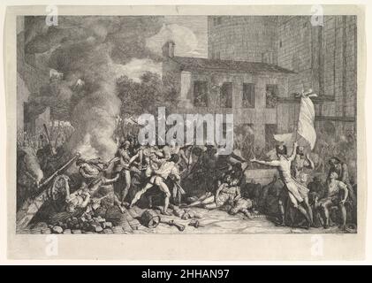 Le contage de la Bastille le 14 juillet 1789 (levier de la Bastille le 14 juillet 1789) ca.1793 Charles Thévenin Français l’ampleur ambitieuse de cette gravure représentant la prise de la Bastille est d’autant plus remarquable qu’elle est la seule impression connue de Thévenin.Il remprises sa peinture du même sujet, qu'il expose au salon de 1793.L'artiste mène l'œil à travers la composition avec une utilisation brillante de la lumière et de l'ombre.Il met l'accent sur la violence et le bain de sang de cet événement révolutionnaire précoce, les morts et les mourants apparaissant en bonne place au premier plan Banque D'Images