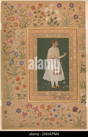 'Portrait de Raja Bikramajit (Sundar Das)', Folio de l'album Shah Jahan recto: Ca.1620; verso: env.1540 peinture par Bichitr Sundar Das était un Hindou woses les ancêtres avaient été des propriétaires fonciers considérables.Il est entré au service du prince Khuram (Shah Jahan) et en 1617 Jahangir lui a décerné le titre de Raja Bikramajit 'qui parmi les hindous est le plus haut' comme Jahangir écrit dans ses mémoires.Raja Bikramajit a été un brillant stratège militaire et a joué un rôle clé dans le succès des campagnes du prince Khurram dans le Deccan.Dans la rébellion de Shah Jahan contre Jahanagir en 1623–24, Raja Bikramajit s'est ralliés Banque D'Images