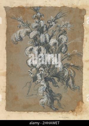 Design pour une somptueuse adresse avec des plumes sur un Helmet CA.1620–56 peut-être par Baccio del Bianco Italian Design pour une adresse de la hauteur, montrée du côté (personne face à gauche).L'adresse est composée de trois niveaux de plumes extrêmement grandes et est surmontée de plumes.Design pour une somptueuse adresse avec des plumes sur un casque 410326 Banque D'Images