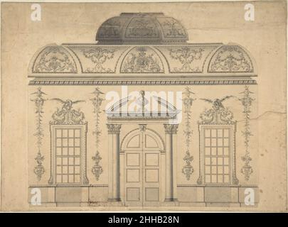 Design pour la décoration du mur de porte-fenêtre d'une salle Rococo avec un plafond et un ventilateur central (section) à deux volets au milieu 18th du siècle attribué à Thomas Lightoler British.Design pour la décoration du mur de porte-fenêtre d'une salle Rococo avec un plafond à valve et un ventilateur central à valve (Section) 363849 Banque D'Images