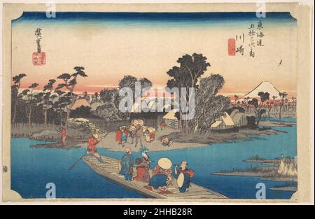 Ferry bateau traversant la rivière Rokugo ca.1834 Utagawa Hiroshige Japonais.Traversée de la rivière Rokugo en ferry 36924 Banque D'Images