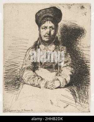 La Régameuse 1858 James McNeill Whistler l'américain Whistler décrit une femme âgée pauvre dans une jarretie à l'ancienne portant un capot distinctif.« la Régameuse » se traduit par « bricoleur », un réparateur itinérant de tinlware et le sujet a poussé ce qui peut être une navette, ou une grande cuillère, dans la taille de son tablier.Plusieurs des gravures que l'artiste a publiées dans 'Douze eau-fortes d'apres nature' (douze gravures de la nature) en 1858 sont le centre des femmes françaises qui ont travaillé dans la vieillesse.Il les a présentés sans sentiment ni idéalisation, mais avec une conscience que la société avait besoin de leurs compétences Banque D'Images