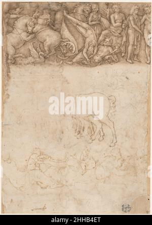 Études après l'Antique: La chute de Phaëthon, chevaux, femmes inclinables avec enfants (recto); études après l'Antique: Un autel ou une ourne, Lion attaquant un cheval (verso) 1474–1552 Amico Asperoi Italien.Études après l'Antique: La chute de Phaëthon, chevaux, femmes inclinables avec enfants (recto); études après l'Antique: Un autel ou une ourne, Lion attaquant un cheval (verso) 338115 Banque D'Images