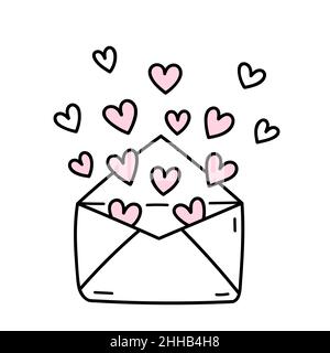 Jolie enveloppe ouverte avec coeurs volants isolés sur fond blanc.Illustration vectorielle dessinée à la main, style doodle.Parfait pour la Saint-Valentin Illustration de Vecteur
