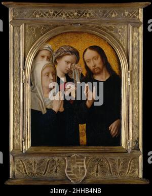 Christ prenant congé de sa mère ca.1500 Gerard David Netherlandish avant de partir pour que Jérusalem soit crucifié, Jésus dit adieu à sa mère, un sujet idéal pour la méditation qui aurait été jumelé avec la Vierge et l'enfant pour former un travail pliant qui pourrait être porté sur un voyage.Gérard David était aussi un illuminateur de livres, ce qui explique la délicatesse de l’exécution de cette image.Le cadre est moderne.Christ prenant congé de sa mère 436097 Banque D'Images