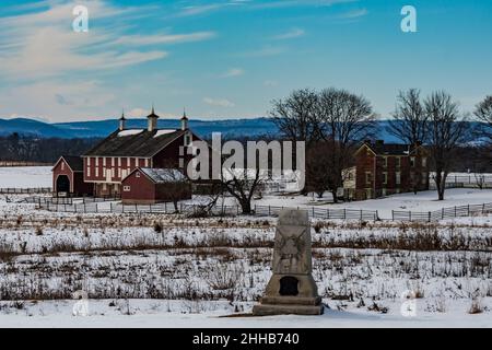 La ferme Codori en hiver, parc militaire national de Gettysburg, Pennsylvanie, États-Unis Banque D'Images