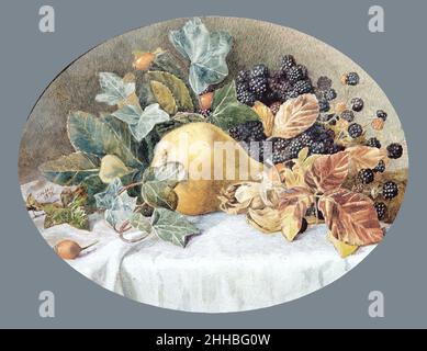 STILL Life with fruit 1876 attribué à John William Hill American, né en Angleterre.Encore la vie avec des fruits.Attribué à John William Hill (américain (né en Angleterre), Londres 1812–1879 West Nyack, New York).Américain.1876. Aquarelle et gouache sur le papier laminé blanc cassé (peut-être le carton Bristol) Banque D'Images