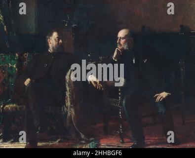 Le projet de loi de financement 1881 Eastman Johnson American en 1881, les banquiers et les hommes d'affaires ont été profondément alarmés par un projet de loi du Congrès sur le remboursement de la dette nationale.L'homme à gauche sur le canapé est Robert W. Rutherford, un parent par mariage du peintre, et l'auditeur attentif à côté de lui est l'artiste Samuel W. Rowse.Lorsque ces citoyens responsables discutaient du projet de loi dans le salon de Johnson, il voyait dans leur apparence et attitudes le sujet d'une photo et fit une étude avant de faire ce gros travail fini.Le portrait est combiné avec le genre, parce que les deux hommes sont unp Banque D'Images