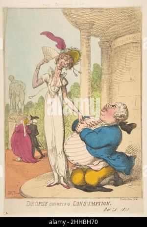 La consommation de courge dropsy 25 octobre 1810 Thomas Rowlandson britannique Rowlandson ici contraste la fatuité et la finesse pour tisser une grande parodie sociale.Deux couples courrants, qui incarnent quatre extrêmes d'âge et de type de corps, démontrent la maxime que les contraires attirent.Au premier plan, un petit homme obèse est tombé à genoux pour déclarer sa dévotion à une femme élevée et ématiquée.Le titre laisse entendre que les deux souffrent également de maux opposés, puisque la consommation (tuberculose) est une maladie débilitante et la dropsy (œdème) cause l'enflure.Dans le jardin derrière, l'équation est inversée, avec un vieux mince Banque D'Images