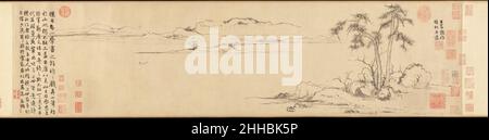 Twin Pines, distance du niveau environ1310 Zhao Mengfu Chinois cette scène énigmatique de réserve représente une redirection révolutionnaire dans la peinture chinoise.Zhao Mengfu réduit son paysage « peint » à un ensemble de conventions de pinceau calligraphiques, avec les roches exécutées en cursive « blanc volant » et les pins dépeints en script de sceau non modulé.Il rejette ainsi la représentation illusionniste et s'appuie plutôt sur des traits de pinceau expressifs pour donner une signification personnelle à ses images.Zhao souligne son engagement envers cette nouvelle approche en ajoutant un titre à droite de ses pins et en écrivant une longue inscription sur Banque D'Images