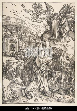 L'Ange avec la clé de la Pit sans fond 1511 Albrecht Dürer Allemand ici, Dürer montre la fin au règne du Diable comme dit dans le livre vingt de l'Apocalypse.L'ange a saisi le dragon, qui est Satan, et 'l'a lié pendant mille ans.Et il le jeta dans les Abysses, le ferma, et le cachela sur lui, pour qu'il ne puisse pas tromper les nations avant que les mille ans ne soient terminés.Puis [il] vit les trônes, et ceux qui étaient assis sur eux avaient l'autorité de juger. Ceux qui n'avaient pas adoré la bête ou son image, et n'avaient pas reçu sa marque sur leurs fronts ou mains.Et ils sont venus Banque D'Images